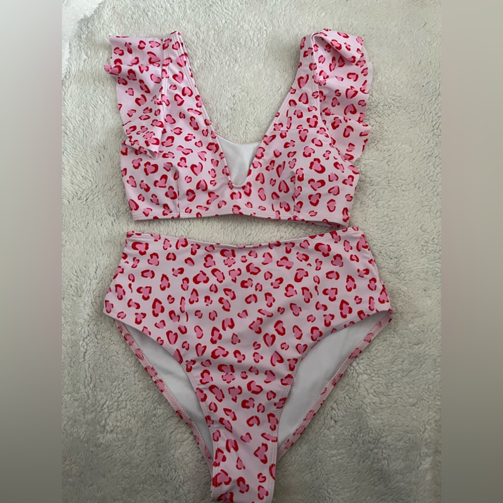 Pink Cheetah Print High Waisted Ruffle Detail Bikini